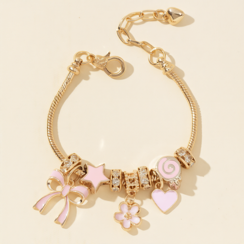 Gold Bracelet Beaded Pink Bow Love Pendant